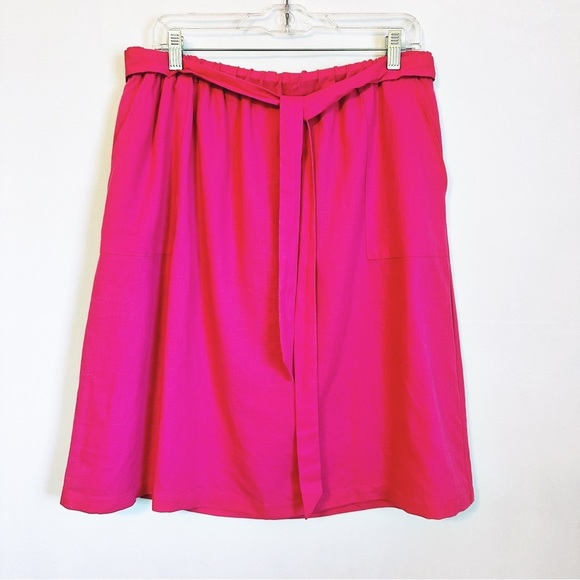 SOLD!  J Crew Pull-On Bow Midi Skirt Linen Blend Wild Berry Pink Pockets Large - Picture 3 of 16